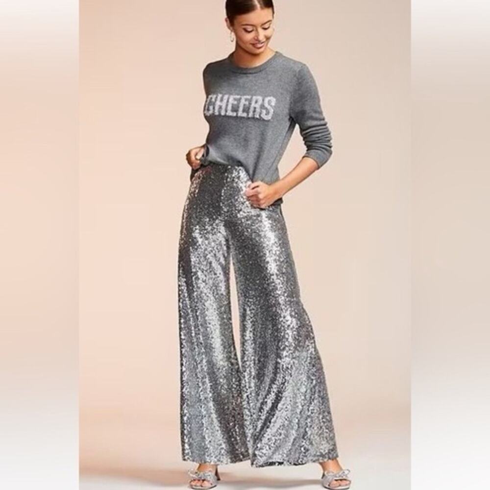 ALEX MARIE Silver Sequin Wide Leg Pants Size 2